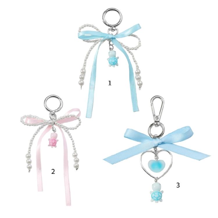 Versatile Ribbon Pearls Bowknot Key Rings with Turtles Pendant Charming Keychain Accessory for Backpacks and Purses