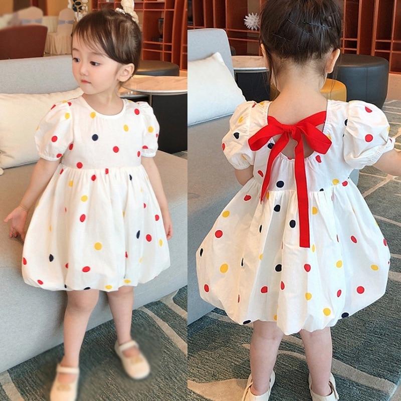 Summer Toddler Girls Polka Dots Dress Puff Short Sleeve Ruffle Ball Gown Dresses O-Neck Back Lace-up Pleated Dress Children Outfit 3-8T