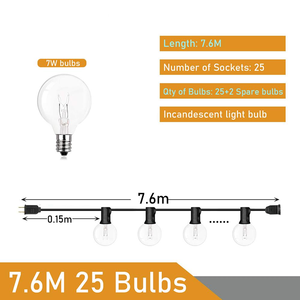 Warmweiß, 25 klare Glühbirnen, G40-Lichterkette, Globus, Party, Weihnachten, Lichterkette für Garten, Baum, Straße, Hochzeit, draußen, drinnen, Dezember