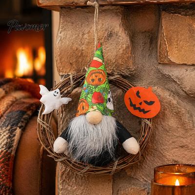 Pumpkin Wall Ornament Halloween Gnome Wreath, Faceless Rattan Rustic Hanging Decoration Decorative Wreath with Ghost for Front Door Holiday