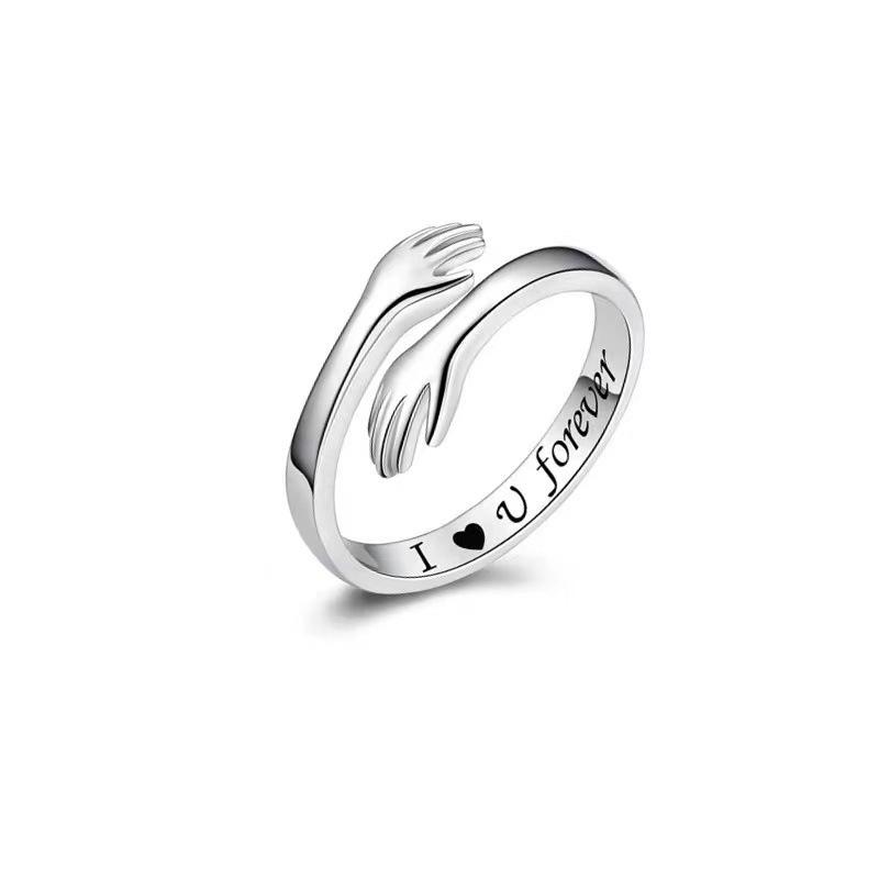 Engraved Women's Hugging Hands Ring – Fashionable European & American Style with English Letter Design
