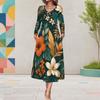 Women Plus Size V Neck Long Sleeve Red Floral Printed A Line Midi Dress With Pockets