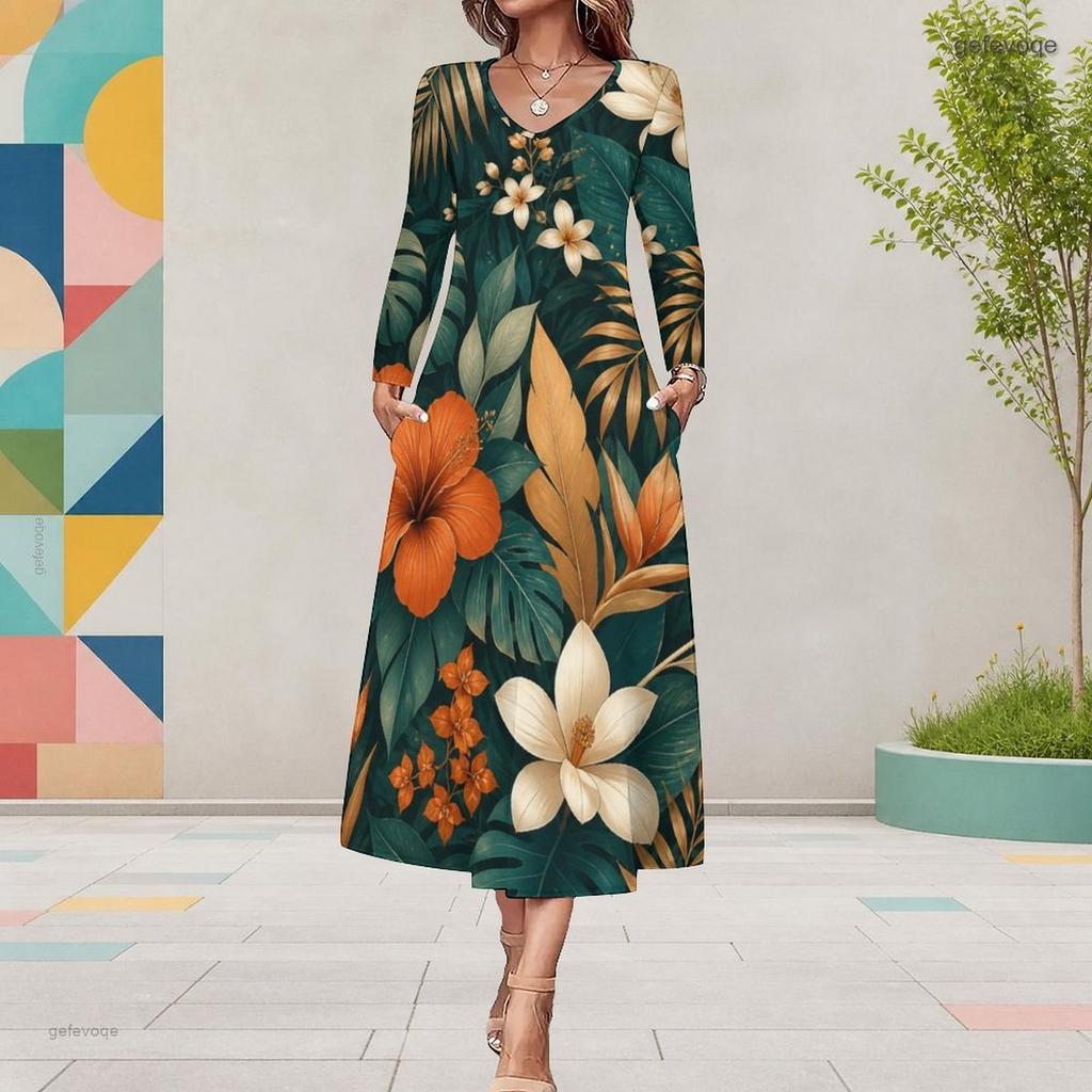 Women Plus Size V Neck Long Sleeve Red Floral Printed A Line Midi Dress With Pockets