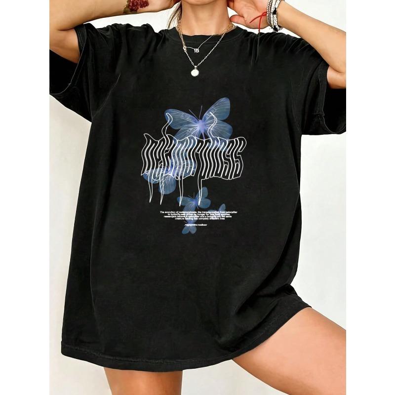 

Oversized T-Shirt Black Butterfly And Text Graphic Print Casual Streetwear For Women XXXXL