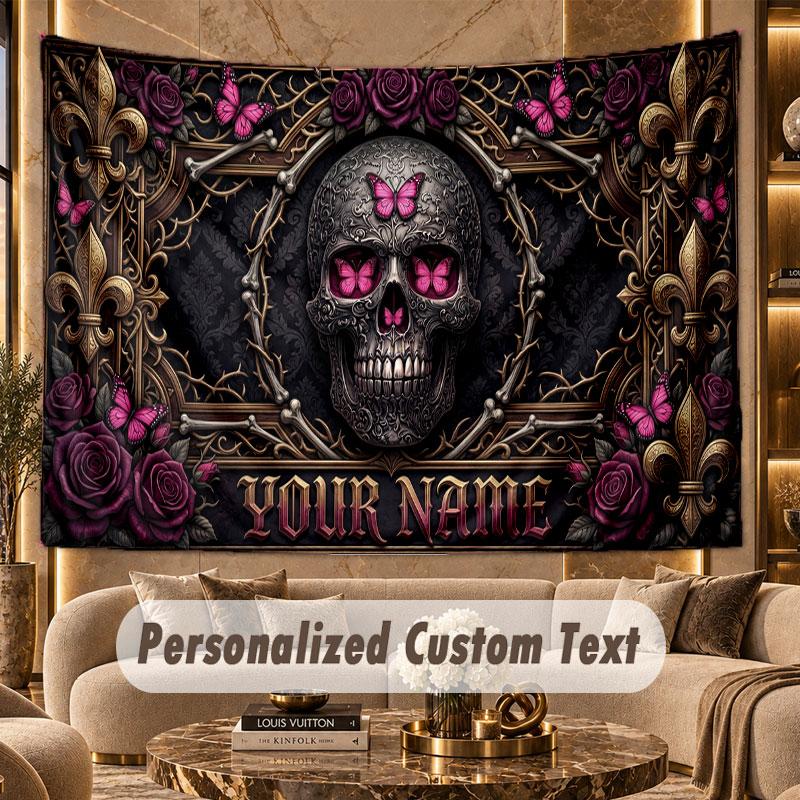 Skull Gothic (176) Theme Wall Tapestry Customized With Name Text Personalized Hanging Tapestry For Bedroom Living Room Decor