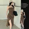 Sexy Irregular Suspender Dress Women's Summer Chic Skinny Black Skirt Waist Split Hip Wrap Long Dress