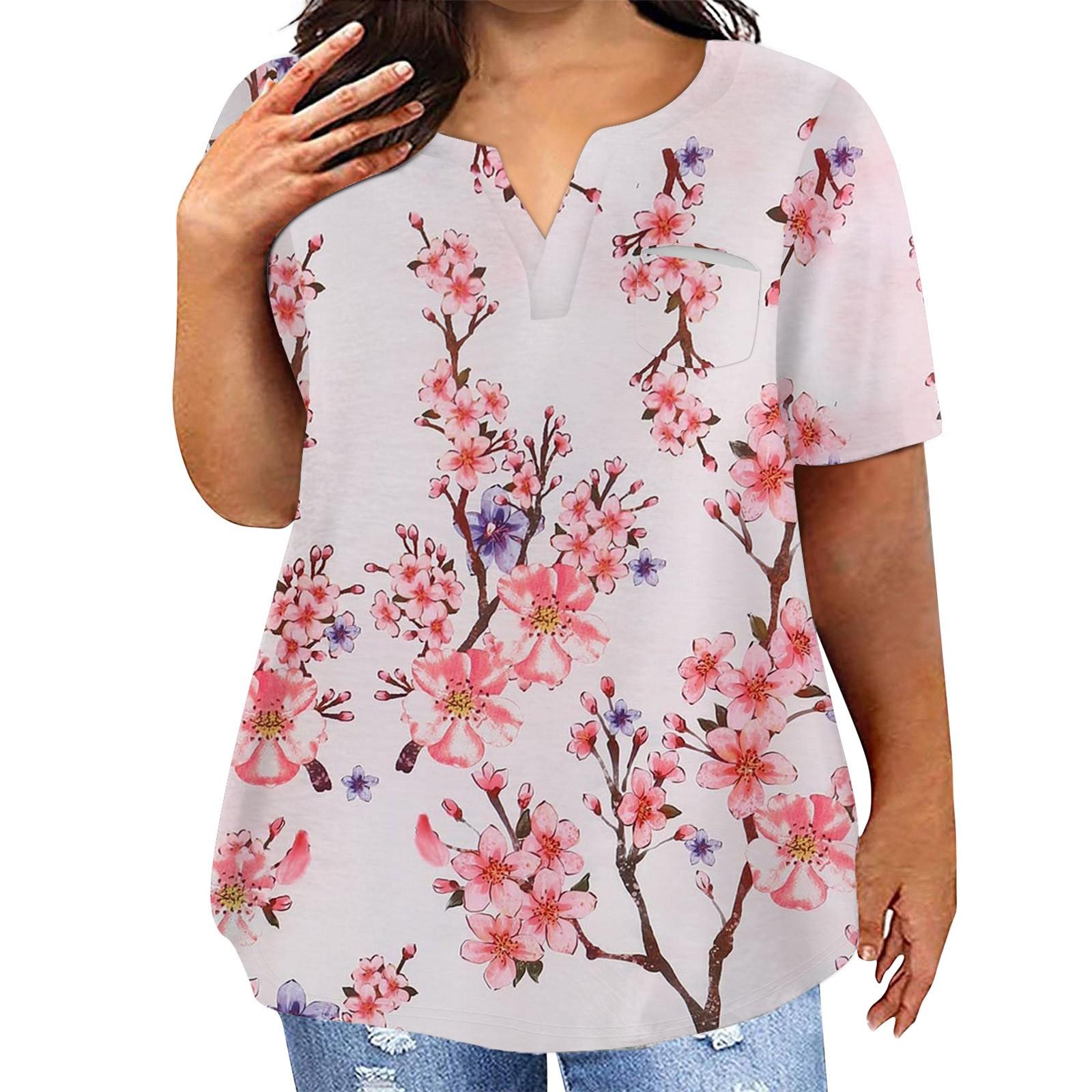 

Модная женская повседневная футболка больших размеров с коротким рукавом и круглым вырезом с цветочным принтом и карманами