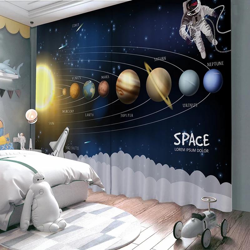 Cartoon High Shading Curtain Children's Room Boy Bedroom Astronaut New Bay Window Sunscreen Blackout Sound Insulation Drape 2Pcs