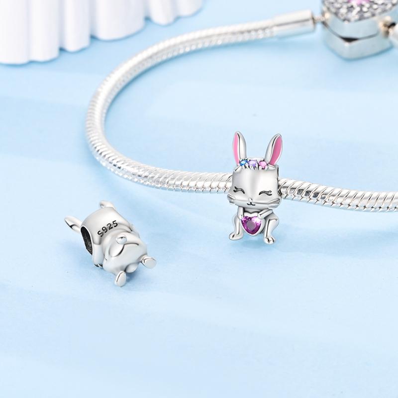 Charms Copper Pink Cute Rabbit Heart-Shaped Beads Fit Plata Original Bracelet Women Jewellery Making Diy Gifts