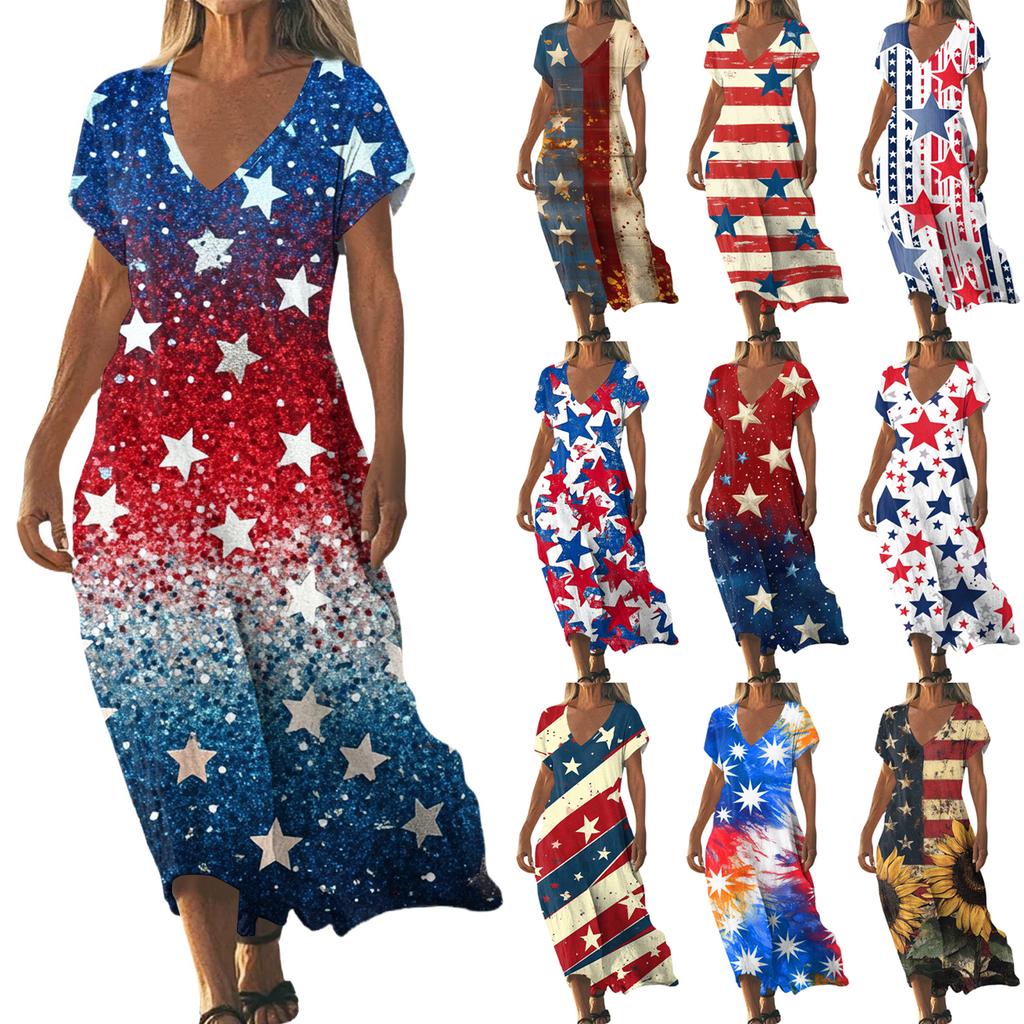 Women’s Maxi Dress V Neck Short Sleeve Loose Fit with Star and Stripe Printed Pattern for Casual Summer Wear