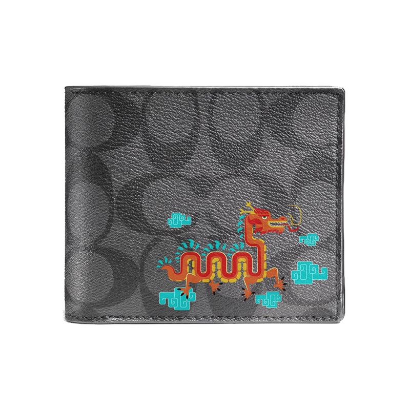 

COACH wallet [Customized bag] 3 IN 1 Made of Magnolia Relief Printed Short Three-in-One Same Style for Men and Women Couples Black Chinese dragon чорний