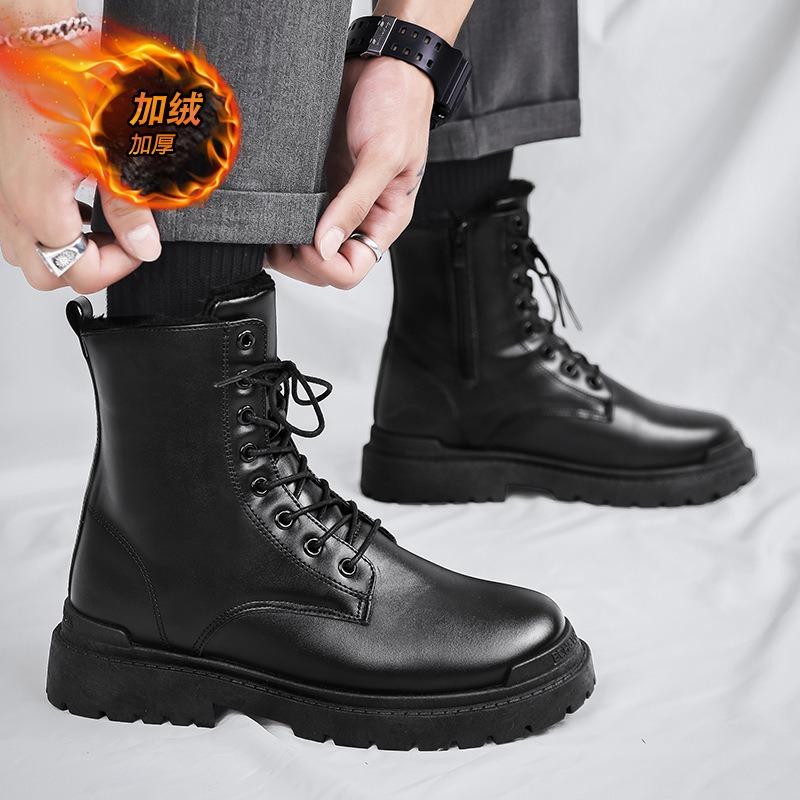 Autumn Martin Boots Black High-top Trendy Shoes Locomotive Tooling Leather Boots Winter Heightening Mid-top Leather Shoes Cotton Shoes