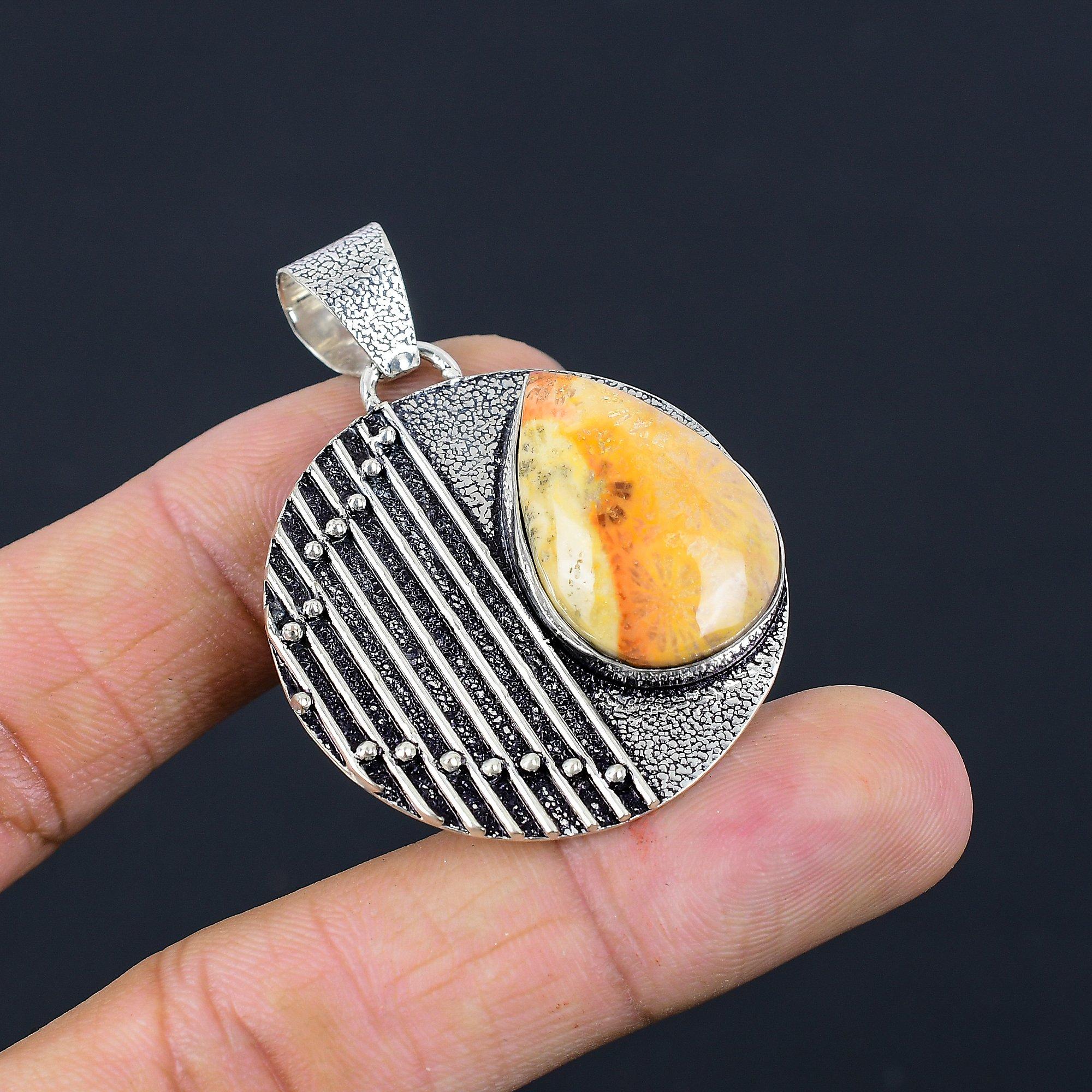 

Natural Fossil Coral Gemstone Pendant Yellow 925 Sterling Silver Indian Jewelry