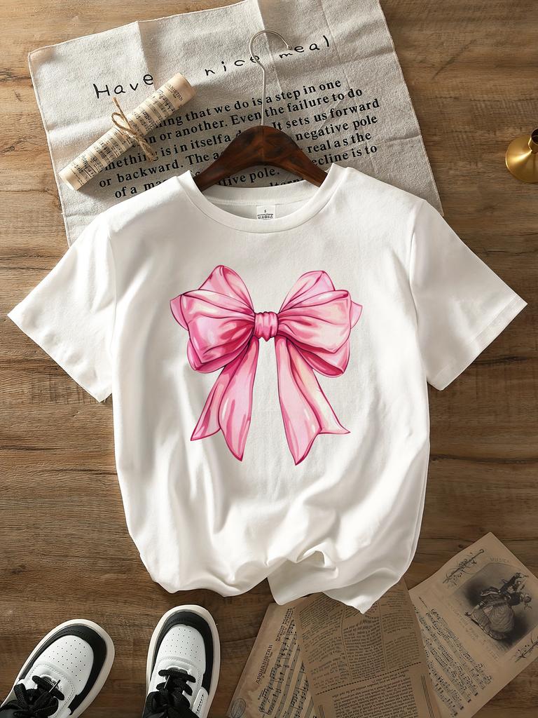 Women's Casual Short Sleeve T-Shirt with Elegant Pink Bow Graphic Print Summer Short Sleeved Harajuku Streetwear Tops Tees