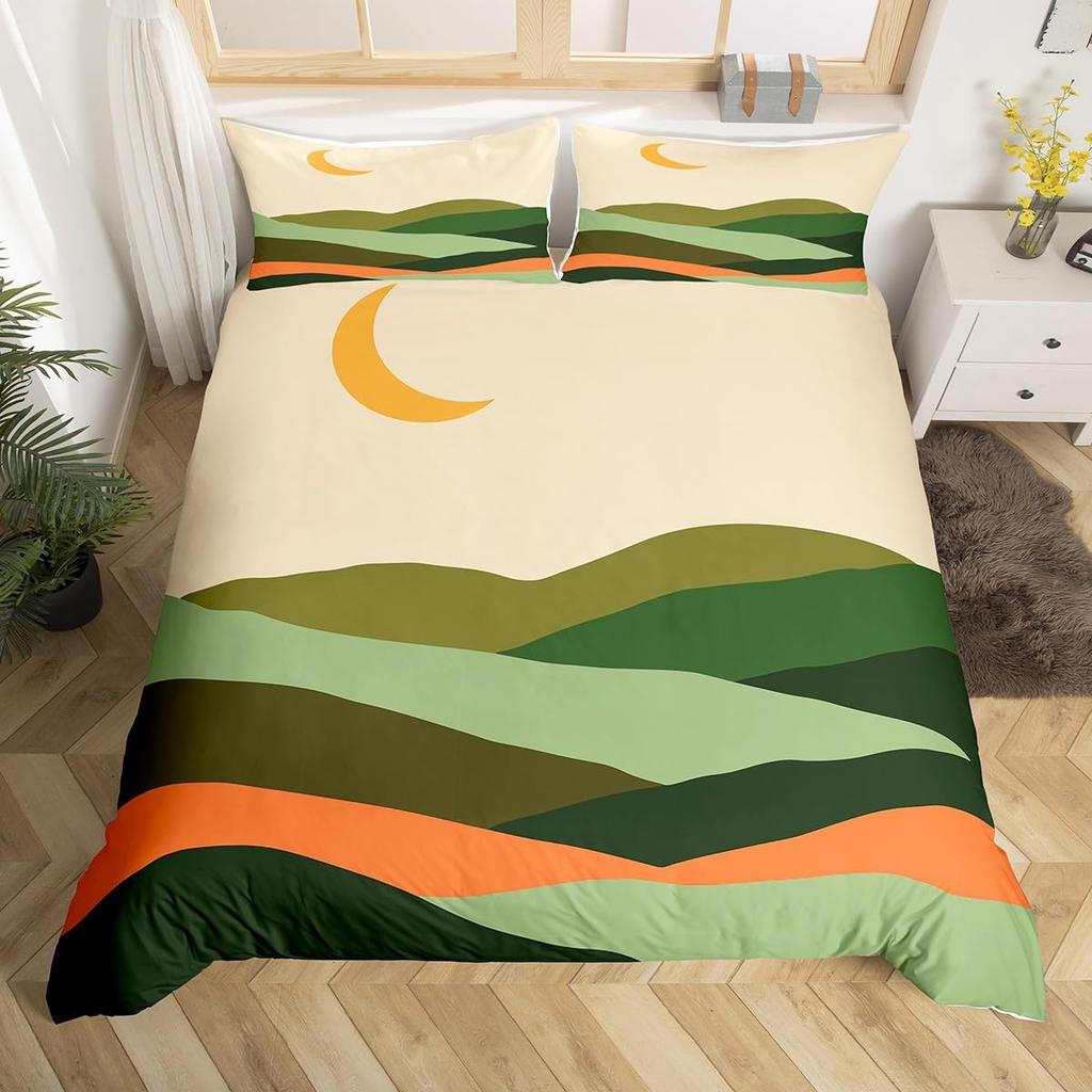 Nature Mountains Art Duvet Cover Set Landscape Creativity Bedding Set with Pillowcase Golden Lines Abstract Art Comforter Covers
