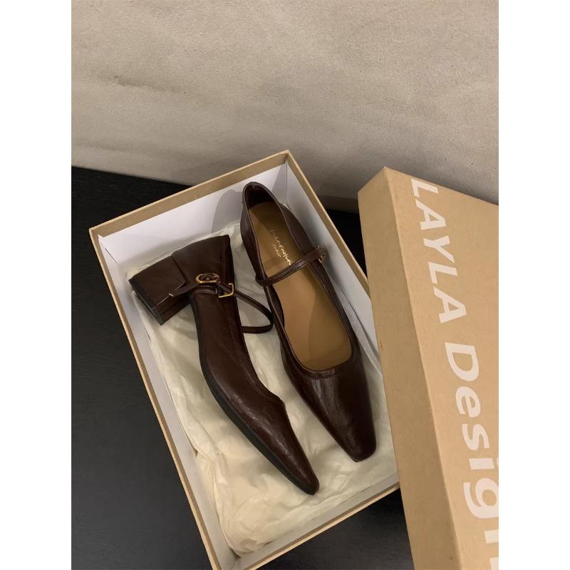 High-Heeled Mary Jane Shoes Pointed-Toed Shallow Mouth Spring Thick Heel French With Skirt Temperament Single Shoes Women'S Shoes