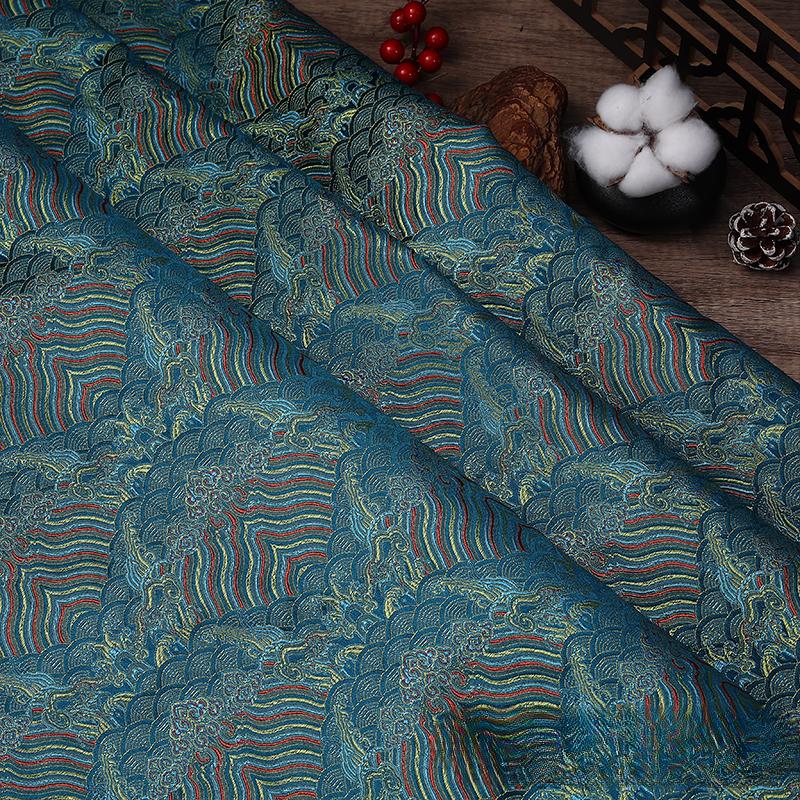 100x150cm High Quality Jacquard Brocade Fabric Thick Soft Bamboo Leaf for Women Dress Hanfu Upholstery Sewing Cloth Gold Blue