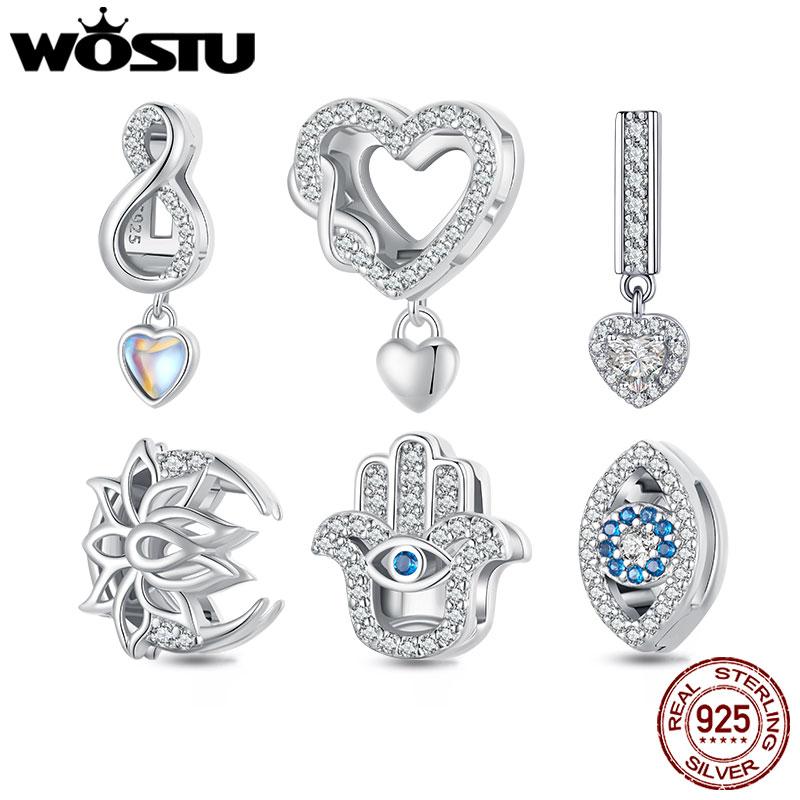 WOSTU 925 Sterling Silver Heart Clip Charms Hand of Fatima Bead Lotus Flower Pedant Fit Reflection Mesh Bracelet DIY Jewelry New