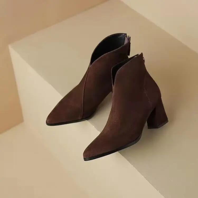 Women Ankle Boots Solid Color Pointed Toe Thick Heel Comfortable Zipper Platform Wedges Retro Short Booties Cowboy Shoes Female