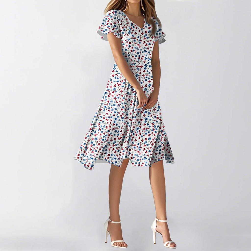 Damen Sommerkleid, lässig, modisch, Blumendruck, V-Ausschnitt, kurzärmelig, kurzer Rock