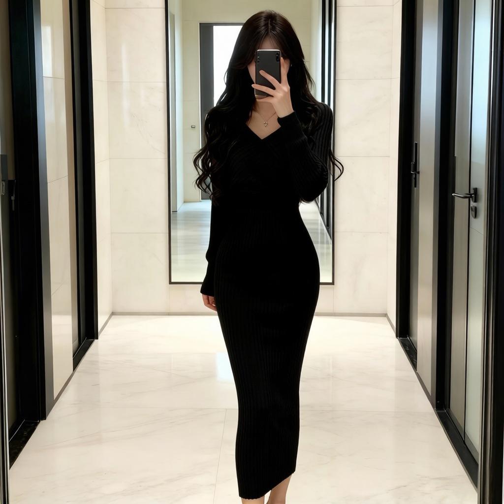 S Family French Pink V-Neck Knit Dress - Autumn/Winter Waist-Cinching, Elegant Coat Style