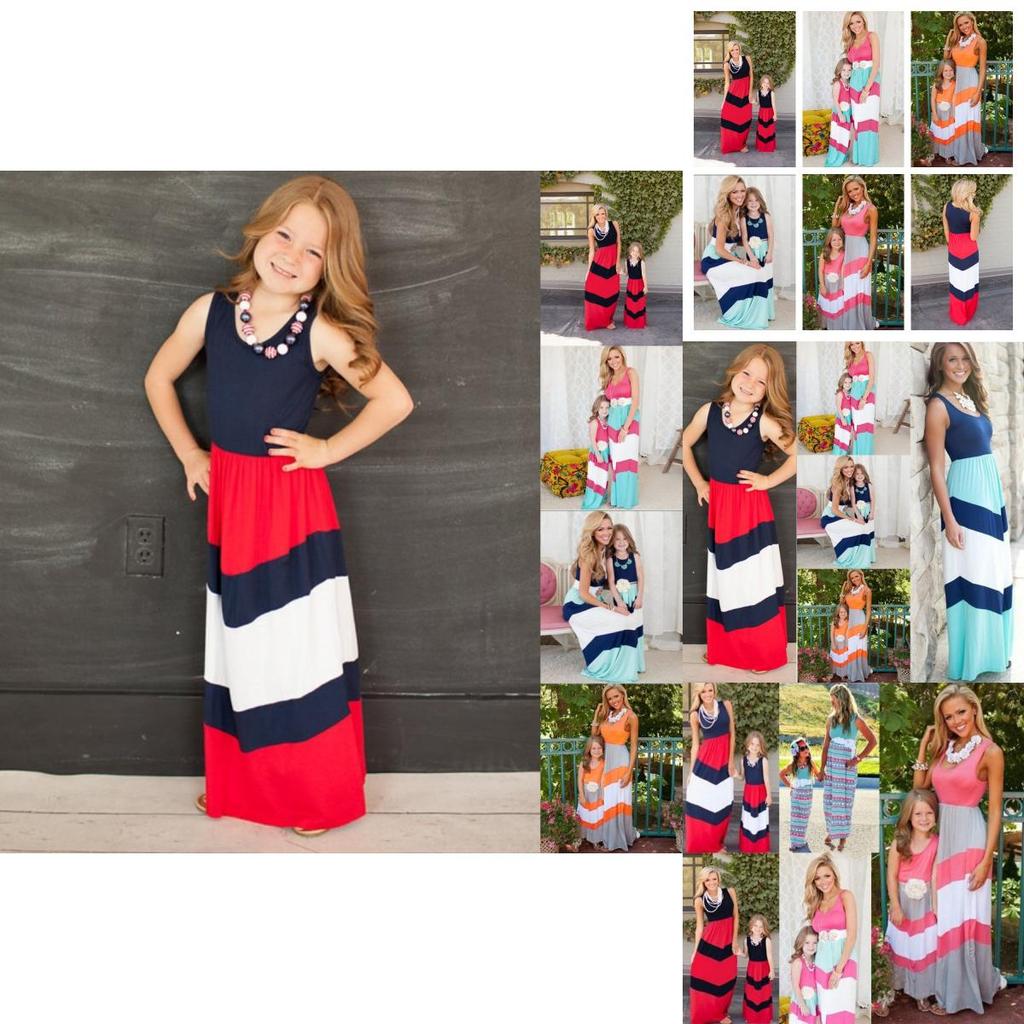 Oszałamiająca Sukienka Maxi w Pasy Niebiesko-Czerwone Color-blocking dla Kobiet i Dzieci