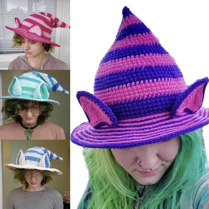 Striped Witch Hat with Rabbit Ears Unique Knit Cap for Halloween Dress Up Costume Cosplay Props Ornament