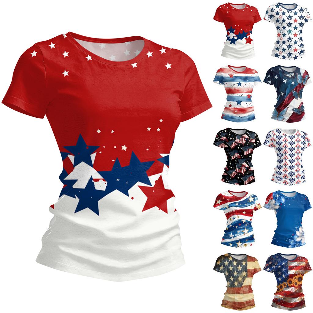 Women's Fashion Round Neck Independence Day Print Short Sleeve Loose Crewneck T-Shirt Top