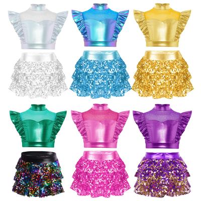Roupa de Dança Jazz com Lantejoulas Brilhantes para Meninas Gola Mockwork em Mesh Sem Mangas Top Cropped com Babados Metálicos Culotes