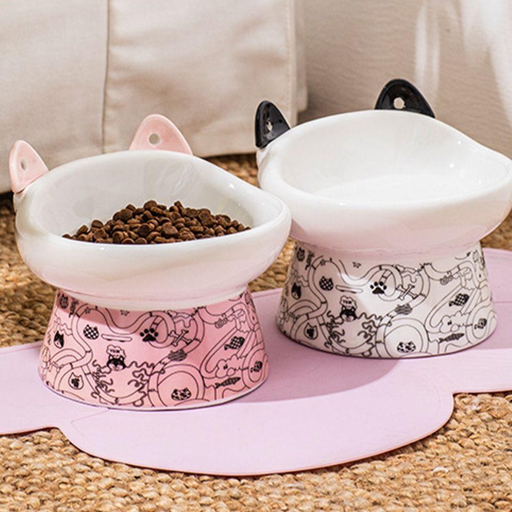 Cute Ceramic Cat Bowl Non-slip Anti Overturning Pet High Foot Bowl Large Capacity with Cat Ear Spoon Dog Food Feeding Basin