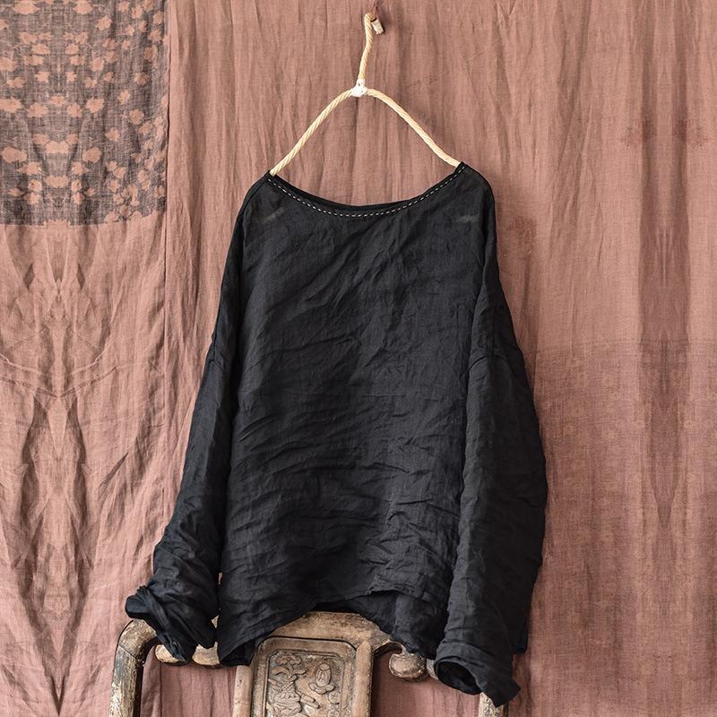 Reines Leinenhemd Frühling und Sommer Rundhals Handgenäht Pullover Damen T-Shirt Hemd One size schwarz