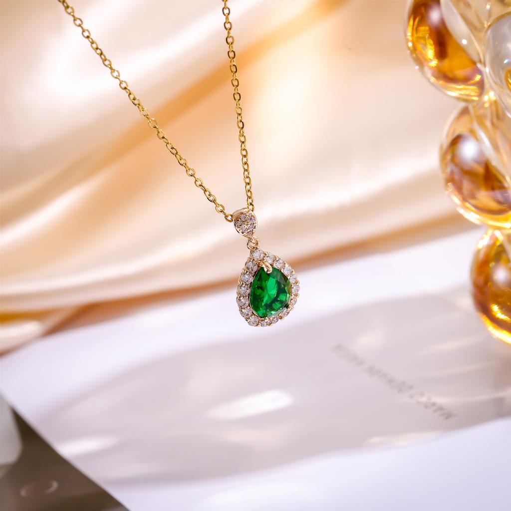 Colorful Zircon Water Drop Pendant Necklaces for Women Girls Stainless Steel Chain Simple Trendy Jewelry Accessories Gifts