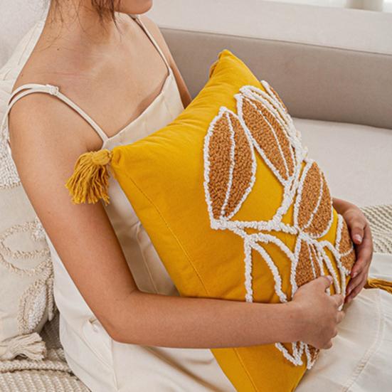 Embroidered Pillowcase Tufted Embroidery Cushion Cover with Tassels Cotton Linen Decorative Pillow