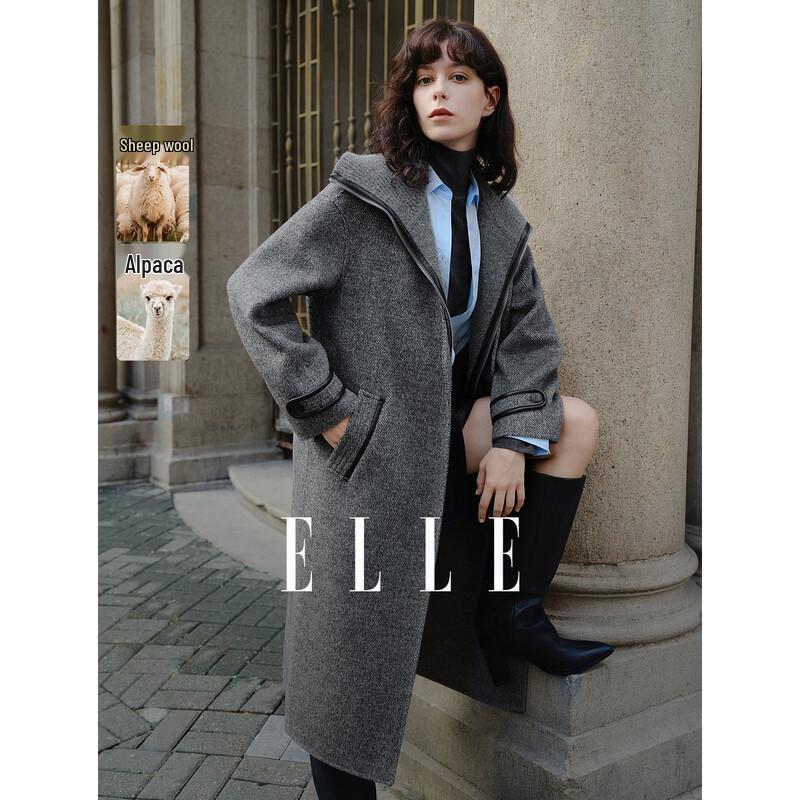 

ELLE Women s Alpaca Wool Blend Faux Two-Piece Double-Faced Long Coat S