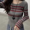 Gray Striped Round Neck Regular Shoulder Long Sleeve Niche Design Knitwear Women's Autumn Short Base Layer Inner Top
