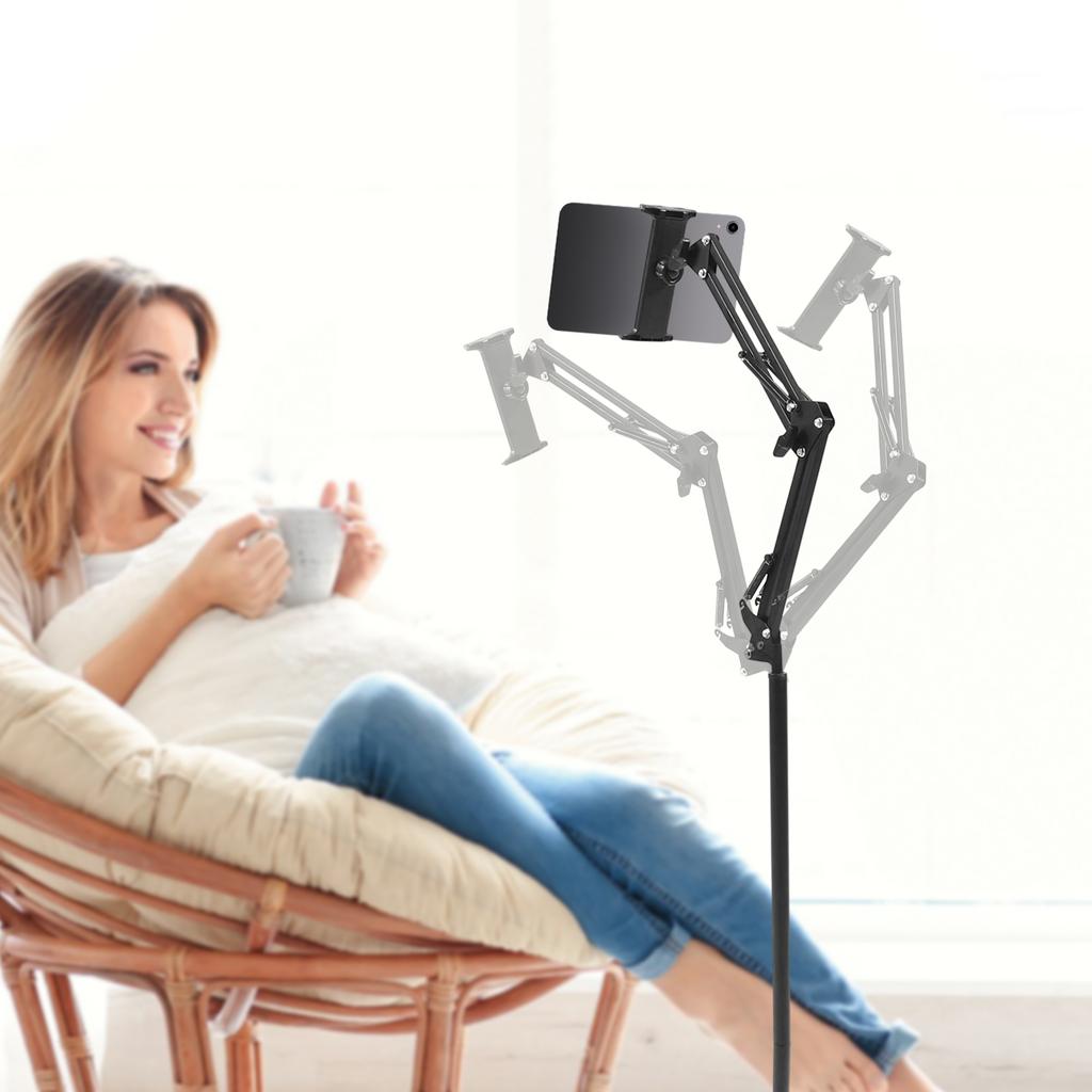 Height Adjustable Floor Stand for Tablet & Phone, 360° Rotating IPad Holder, Modern Black Carbon Steel Stand for Bedroom, Office