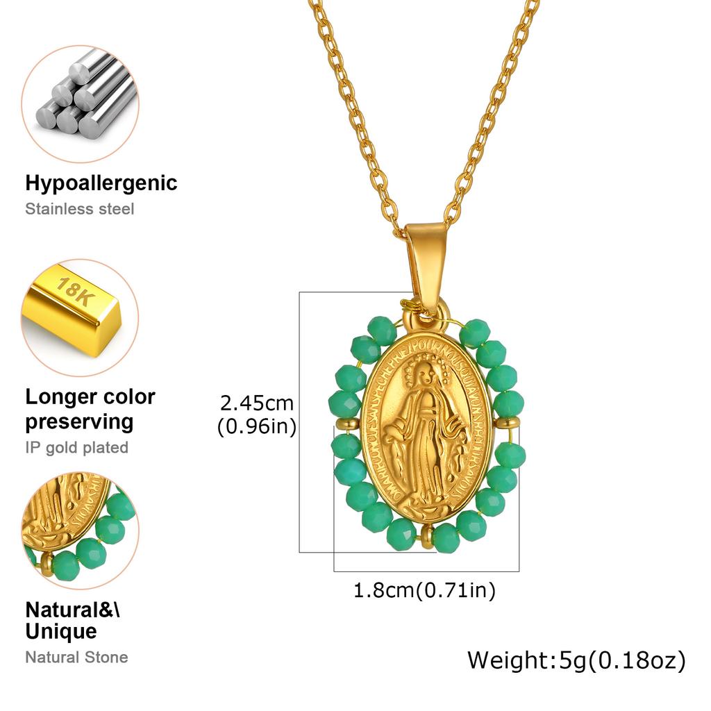 Classic Virgin Mary Pendant Necklace for Women, Zircon Imitation Pearl Natural Stone Bead Charm Necklace,Stainless Steel Jewelry