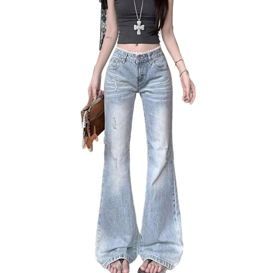 Retro Lace Edge Micro Flare Jeans Women Low Waist Straight Casual Micro Flare Trousers Ins Petite Trousers Jeans for Women Long Denim Pants