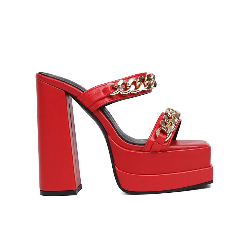 Sexy High Heels Women Slippers Platform 2025 Summer Slides Mules Shoes Party Dance Chain Black Red Sandals Large Size Brand
