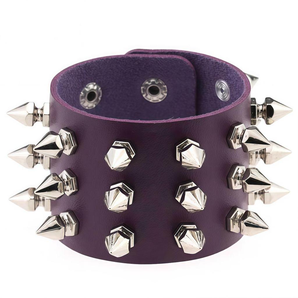 Eco-friendly PU Leather Harajuku Punk Cone Spike Bracelet with Three-Row Chains