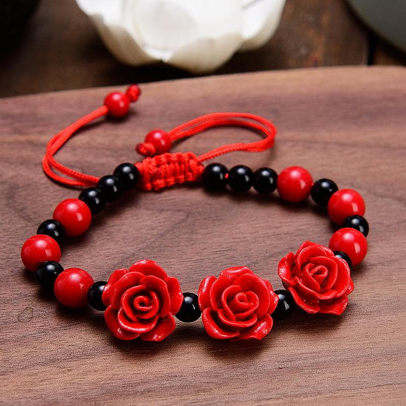 

Korean Handmade Wove Rose Flower Bracelet For Women Girl Fashion Lacquer Red Rope Beaded Bracelet Accessorie Party Jewelry Gifts