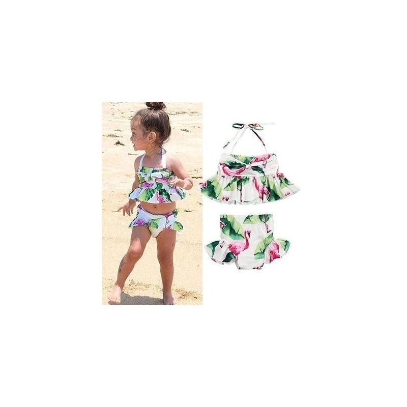 Charmantes 2-teiliges Mädchen-Bikini-Set mit Rüschen und Blumenmuster, mit entzückendem Flamingo-Design