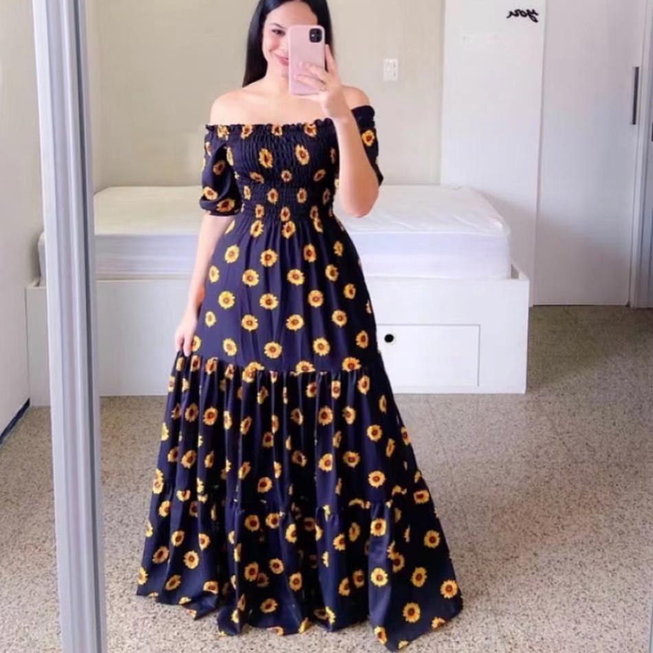 Women's Dress One-word Shoulder Floral Off-the-shoulder Long Printed Fairy Skirt
