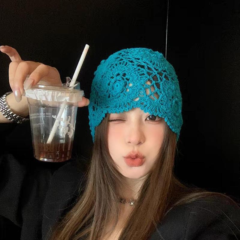Bohemian Ethnic Style Handmade Head Wrap Hat Niche Design Spring Summer Thin High-end Blue Crochet Cap