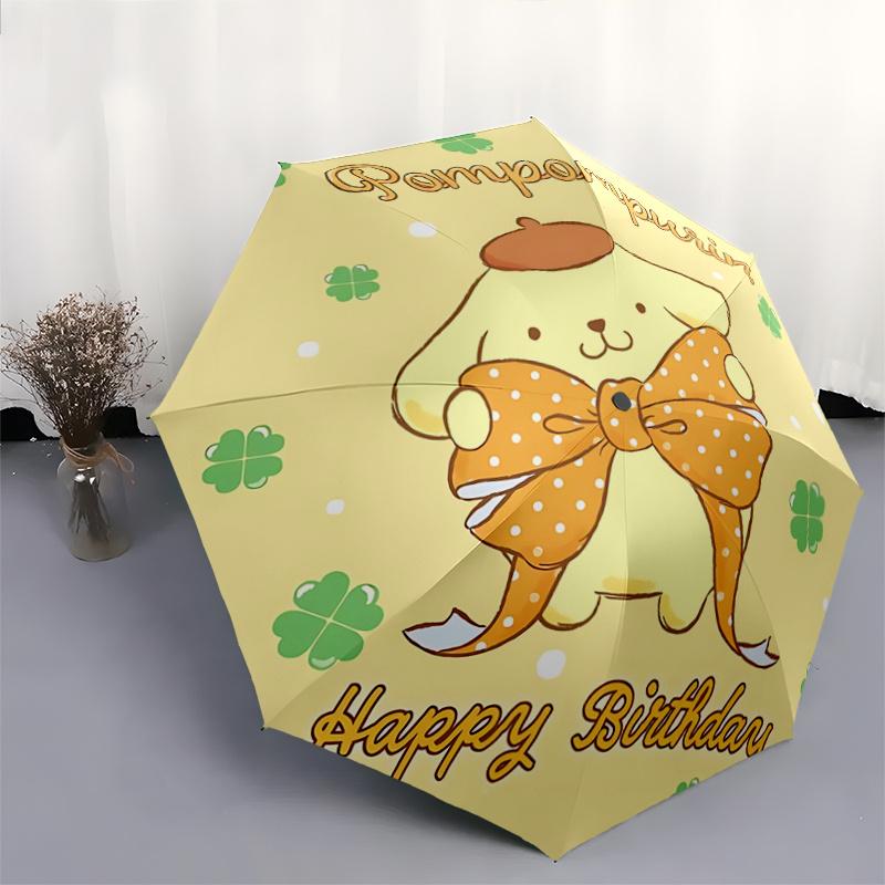 1pc Pompompurin Happy Birthday Automatic Folding Umbrella - Portable 3-Fold Design with 8-Bone Iron Frame, Perfect Gift for Fans, Travelers, Everyday