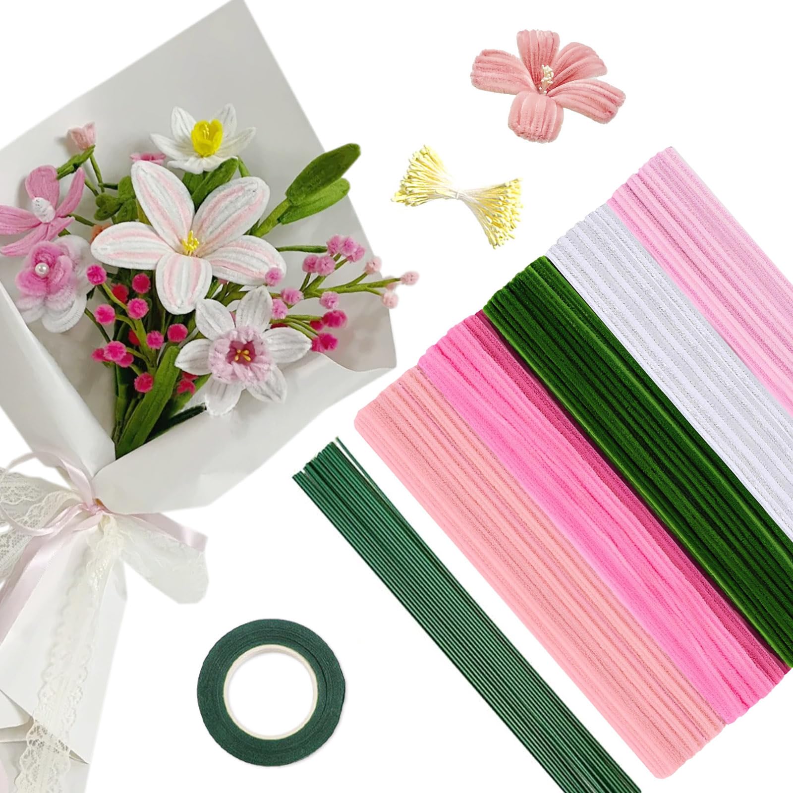 

URSDIART Craft Mall 250 Pieces Color Mix Flower Kit 6mm Bouquet Artificial Flower Stems with Green Tape Double-Headed Stamens DIY Decorations Modeling