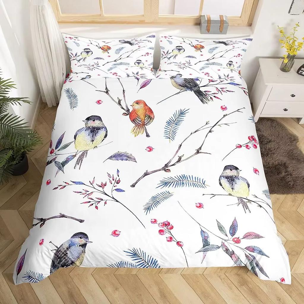 Cartoon Birds Duvet Cover Set Watercolor Branches Animal Bedding Set Comforter Cover Adults Kids Single Full Size Quilt Covers