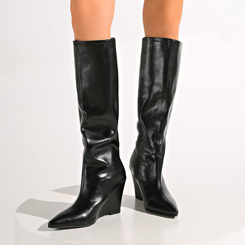 Fashion Pointed Toe Wedge Heel Knee High Boots for Women Autumn Winter Slip On Black Long Boots Woman Fashion High Tube Pu Leather Botas