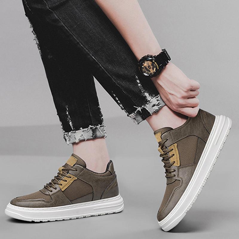 Outdoor Sneakers Spring New Men's Genuine Leather Lightweight Walking Shoes Trainers Invisible Inner Heightening Hollow Shoes