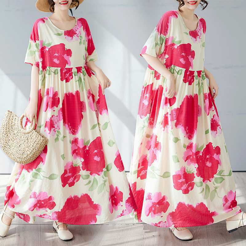 Einfacher und modischer langer Rock Sommer Kurzärmel Rundhals bedrucktes Kleid